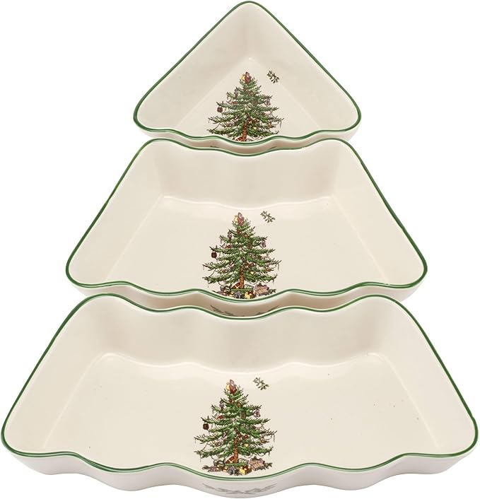 Spode Christmas Tree Dip Bowls - 3 Piece Ceramic Christmas Dipping Set - Festive Salsa Bowls for Holidays - Durable, Dishwasher Safe - Holiday Dinnerware