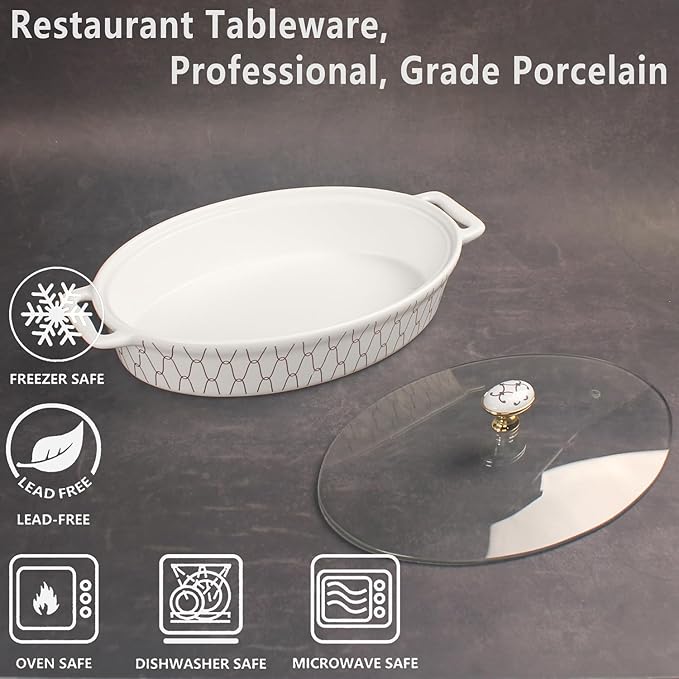 10" x 7" Ceramic Oval Casserole Dish with Glass Lid, 30 Ounce Serving Soup Tureen,Chafing Dish for Buffet, Family Food preserve Tray, Catering Casserole for Party Style