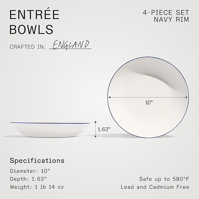 Made In Cookware - Set of 4 - Entrée Bowls - White With Navy Rim - Porcelain - Crafted in England