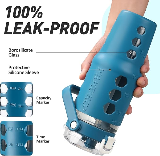 MUKOKO 32 oz Glass Tumbler with Straw,Glass Water Bottles with Time Marker,Iced Coffee Cup with Silicone Sleeve,Motivational Drinking Bottles,Leakproof-Steel Blue