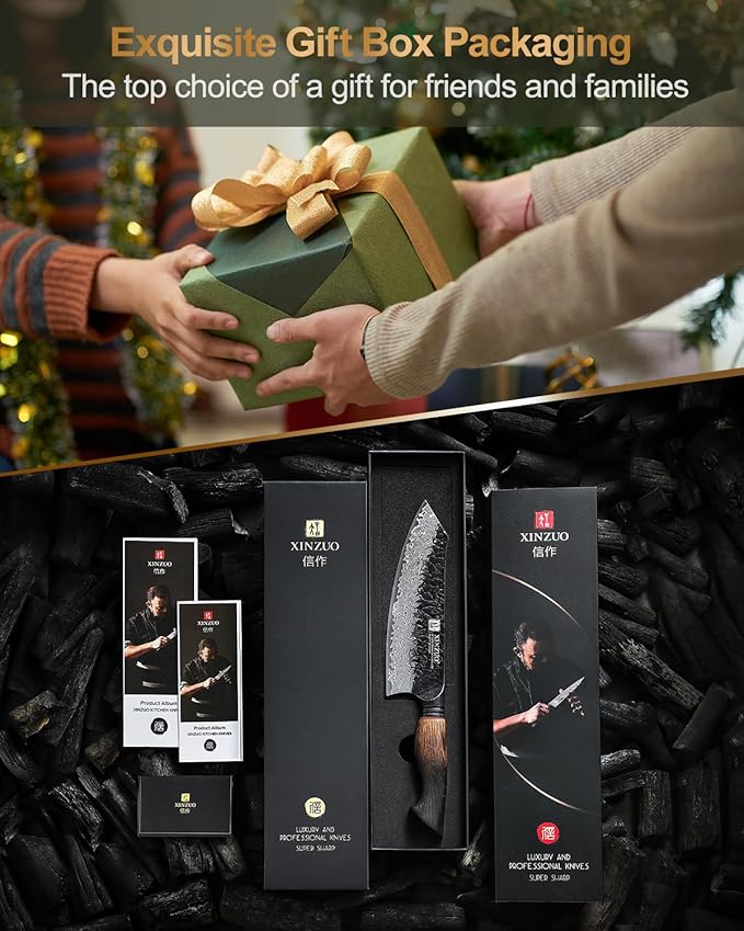 XINZUO 7.6 Inch Sharp Damascus Santoku Knife,Professional 67 Layers Damascus Steel Kitchen Meat Knife for Home and Kitchen,10Cr15CoMoV Steel Core,With White Oak + Red G10 Gasket Handle