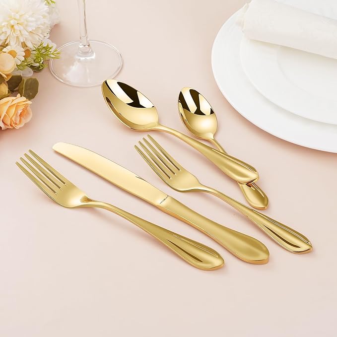 Gold Silverware Set for 8, 40-Pieces Heavy Duty Silverware, 18/10 Stainless Steel Flatware, Dishwasher Safe, Ideal for Gift