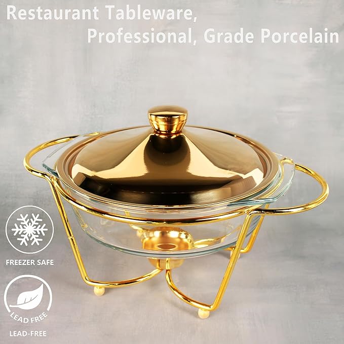 Casserole Dish 9" Glass Baking Dish with Stainless steel Lid and Golden rack, 1.5 Qt round Baking Pan For Casserole & Lasagna, Microwave Dishwasher Freezer Oven Safe
