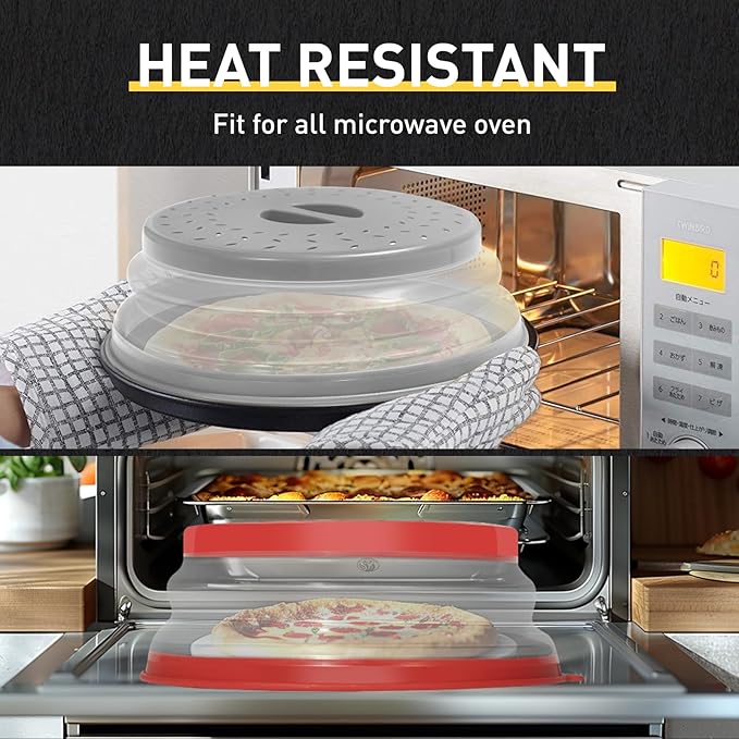 2 Pack Collapsible Microwave Splatter Cover, Vented Microwave Lid with Hook Hole, Splatter Guard for Plate Dish Bowl, Vegetable Fruit Colander Multi-function Kitchen Gadget(Grey & Red)