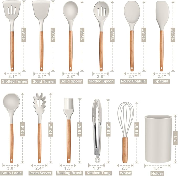 P&P CHEF Silicone Cooking Utensils Set, 12PCS Kitchen Utensils Set with Wooden Handle for Nonstick Cookware, Ladle, Spoon, Spatula, Tong, Heat-resistant & Non-scratch, Non Smell & Healthy, Khaki