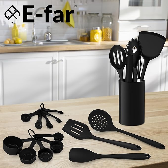 E-far Silicone Cooking Utensils Set, 24Pcs Heat Resistant Kitchen Utensil with Holder, Silicone Kitchen Tools with Spatula Turner Spoon Tongs Whisk, Non-Toxic & Dishwasher Safe (Black)
