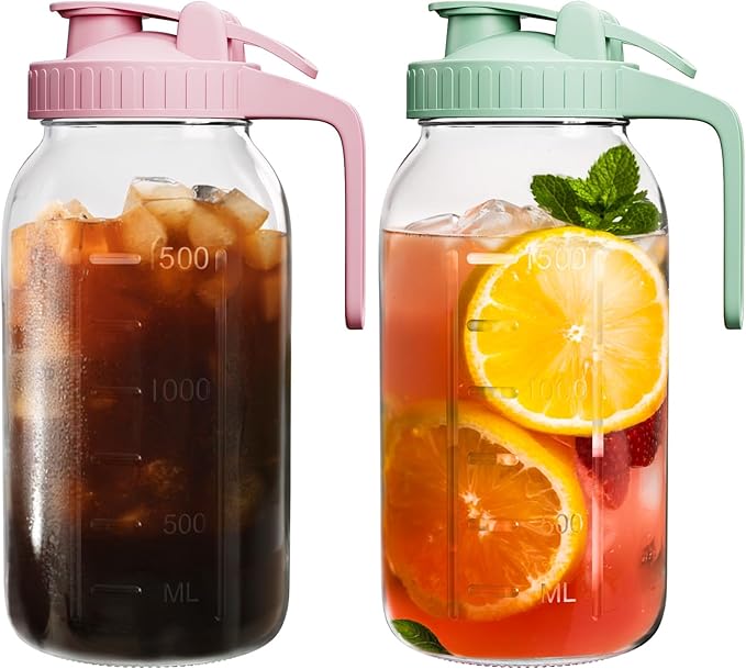 | 2 Pack | 64oz Glass Pitcher with Lid and Spout, 2 Quart (1.9 Liter) Mason Jar Pitcher Wide Mouth, Airtight Water Jug for Juice, Sun Tea, Iced Coffee, Milk Storage, Pink & Green