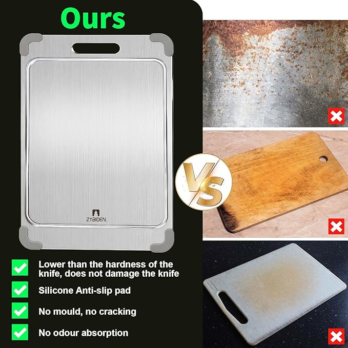 100% Pure Titanium Cutting Board with Grooves, Update Double Side Titanium Chopping Board, Silicone Anti-slip Stainless Cutting Boards for Kitchen 10 * 14 IN, Grey