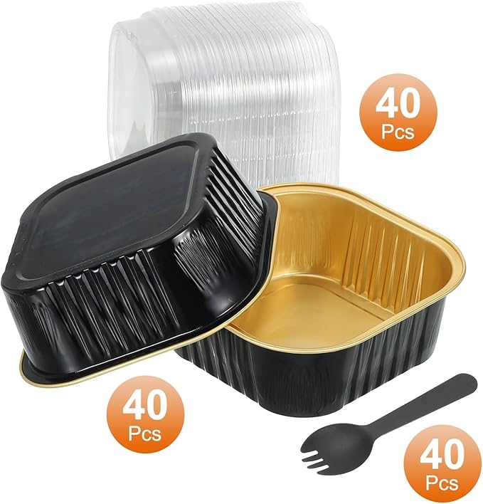 HARFINGTON 40Pack 10oz Disposable Mini Cake Pans with Lids & Spoons Black Gold Aluminum Foil Square Baking Cupcake Dessert Cups Tin for Birthday Party