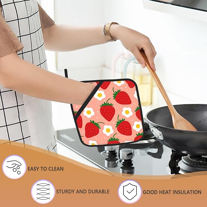 2PCS Fruit Design Strawberry Groovy Floral Pot Holder with Loop,Heat Resistant Oven Pads,Hot Pat for Kitchen Cooking Baking Food