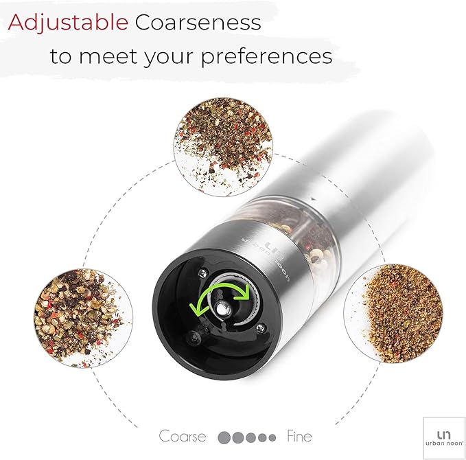 Electric Pepper Grinder or Electric Salt Grinder - Single Battery Operated Stainless Steel Salt or Pepper Mill with Light (Black) - Automatic One Handed Operation with Adjustable Ceramic Grinder