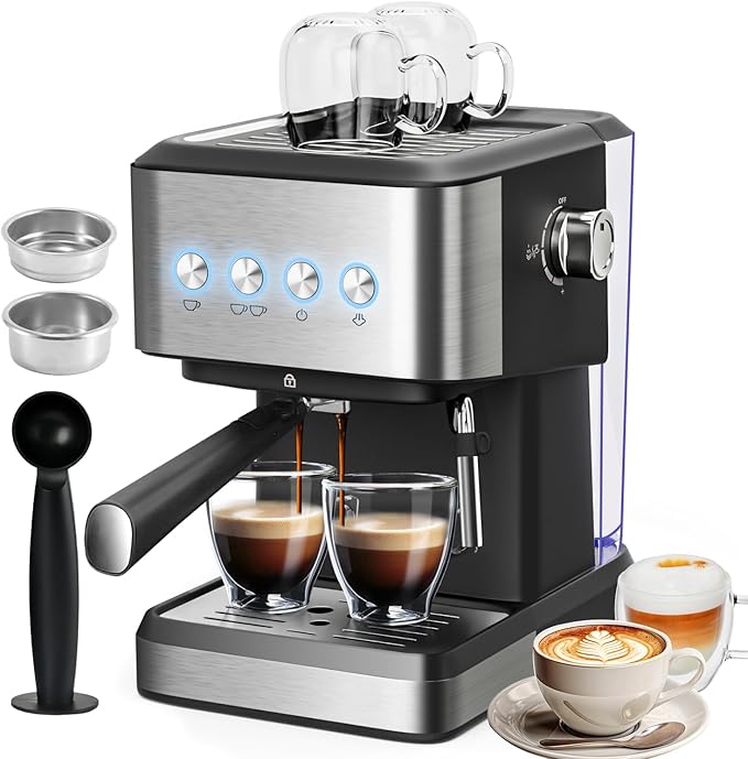 Espresso Machine with Milk Frother, 20 Bar Espresso Maker for Cappuccino&Latte, Compact Coffee Maker for Home&Office, 50oz Removable Water Tank, Stainless Steel