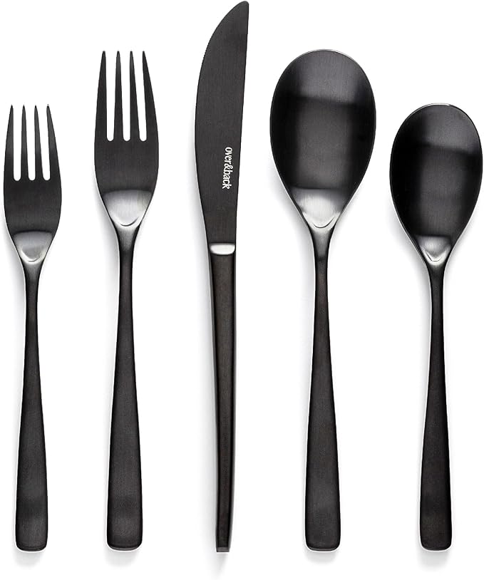over&back 20pc Curved Flatware Cutlery Set - Comes with 4 Dinner Forks, 4 Salad Forks, 4 Dinner Knives, 4 Dinner Spoons, and 4 Teaspoons - 18/8 Stainless Steel - Dishwasher-Safe - Matte Black
