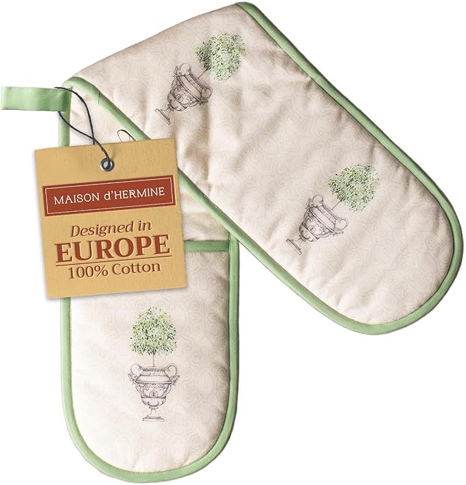 Maison d' Hermine Double Oven Mitts 100% Cotton 7"x35" Double Oven Mitt Heat Resistant BBQ Cooking Gloves with Loop, Baking, Grilling, Home, Kitchen, Handling Hot Pans Spring Summer (Jardin Du Roy)