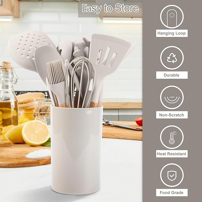 E-far Kitchen Utensils Set of 12, Silicone Cooking Utensils with Holder, Non-stick Cookware Friendly & Heat Resistant, Includes Spatula Tong Whisk Ladle Brush Slotted Turner Spoon(Khaki)