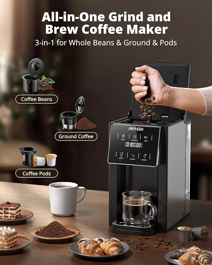 AIRMSEN Grind & Brew Coffee Maker with Grinder - Single Serve Machine Compatible with K-Cup Pods & Ground Coffee, 1000W Fast 6-14oz Brewer, Descaling Alert, Touchscreen & 50oz Removable Tank