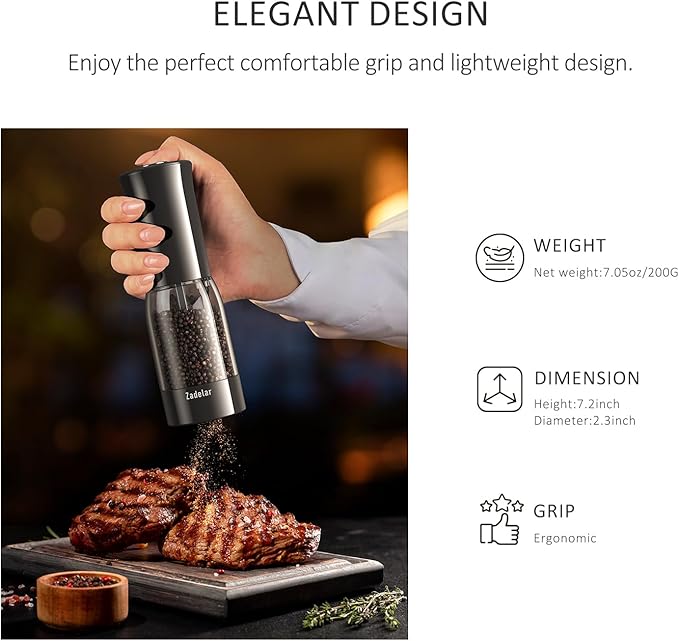 Electric Salt and Pepper Grinder Shakers Set with LED Power Display-Rechargeable-No Battery Needed-Automatic Salt Pepper Mill Grinder,LED Adjustable Coarseness,LED Light,One-Hand Operation