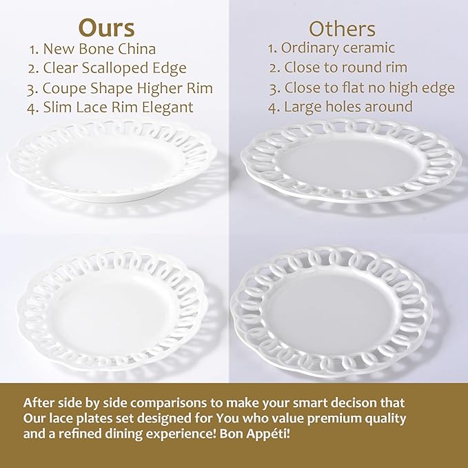 fMBB Round Appetizer Plate with Scalloped Edge Lace Rim, Set of 4, White 8 inch Ceramic Dessert Plates, Small for Cake Snack Side Dish, Microwave and Dishwasher Safe