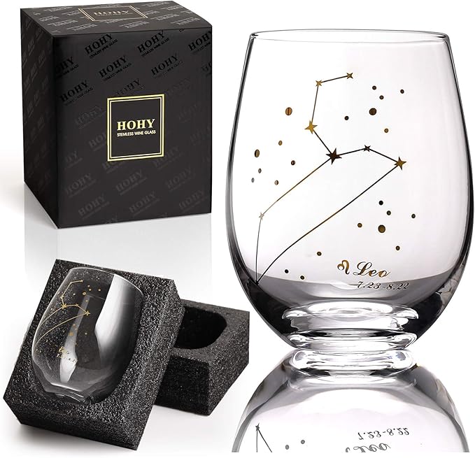 HOHY Leo Wine Glass - Stemless, 20oz Golden, Zodiac Constellation Glass, Horoscope Gift for Women & Men