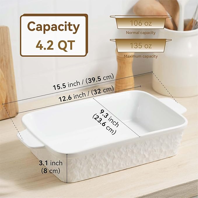 Casserole Dish for Oven, 4.2 QT Baking Dish, 9x13 Large Porcelain Baking Pan, Durable Rectangular Lasagna Pan Deep with Handles, Microwave Oven Safe