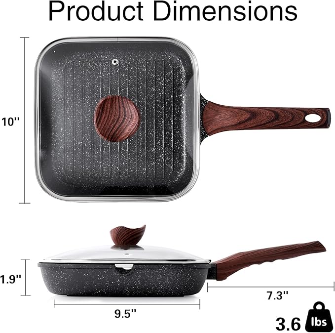 Nonstick Grilling Pan with Lid for Stove Tops, 9.5 Inch Square Grill Pan for Indoor Cooking, Granite Coating Grill Skillet with Pour Spouts, Versatile Griddle, Induction Steak Pan, PFOA Free