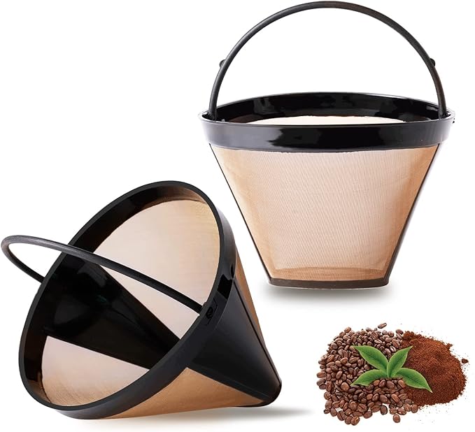 KEEPOW Reusable Cone Coffee Filters #4, 2-Pack 8-12 Cup Gold Permanent Coffee Filter Basket for Cuisinart/Ninja Dual Brew Pro CFP301/ Hamilton Beach, Size 04 Pour Over Coffee-maker Dripper Accessories