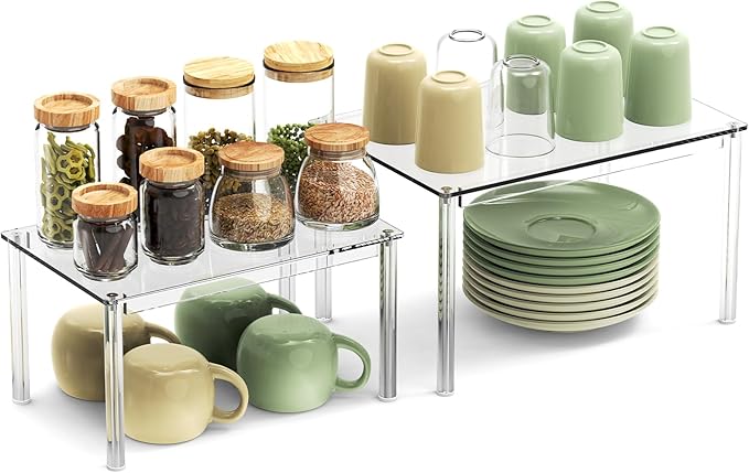 2Pack Acrylic Cabinet Organizer, Clear Cabinet Organizer Shelf, Spice Rack Organizer for Cabinet for Dishes, Spices, Soda Cans and Bottles, Stackable Shelves House Essentials for Gift