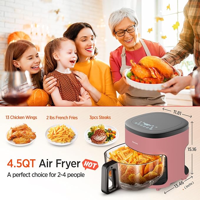 6-IN-1 Glass Air Fryer,4.5QT Air Fryer with Viewing Glass Pot, Air Fry, Dehydrate, Air Crisp Technology,Nonstick & Dishwasher Safe Basket,97% Less Oil,Features Digital Timer (Pink)