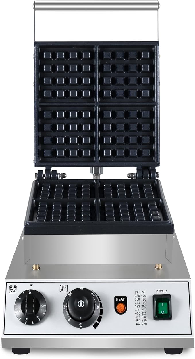 Commercial Waffle Maker, 1600W square Waffle Iron, Non-Stick Belgian Waffle Baker Machine With Temp Range and Time Control, Teflon-Coated Baking Pan Stainless Steel Body