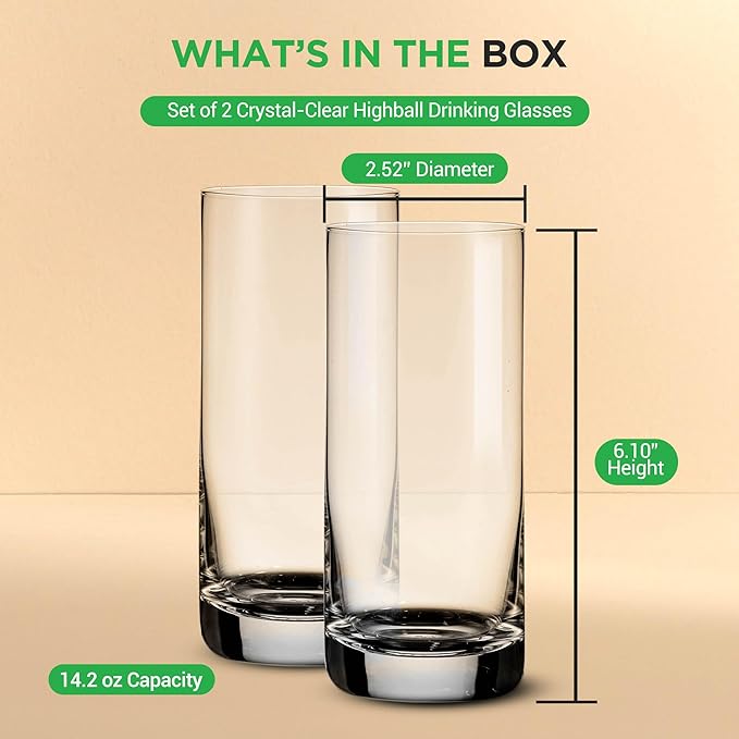 14.2oz Highball Drinking Glasses - Set of 2 Heavy Base Tall Tumbler Clear Glassware for Water, Wine, Beer, Liquor, Gin, Cocktail, Whiskey, Juice, Iced Coffee, Mixed Drinks, Dishwasher Safe