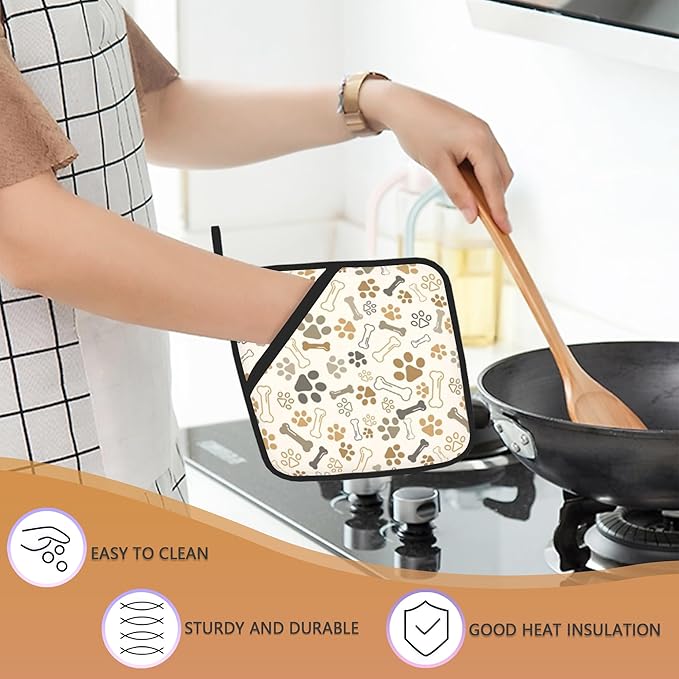 Dog Cat Paw Print Bones Pot Holder Set of 2,Kitchen Heat Resistant Potholder for Women Men BBQ Cooking Baking