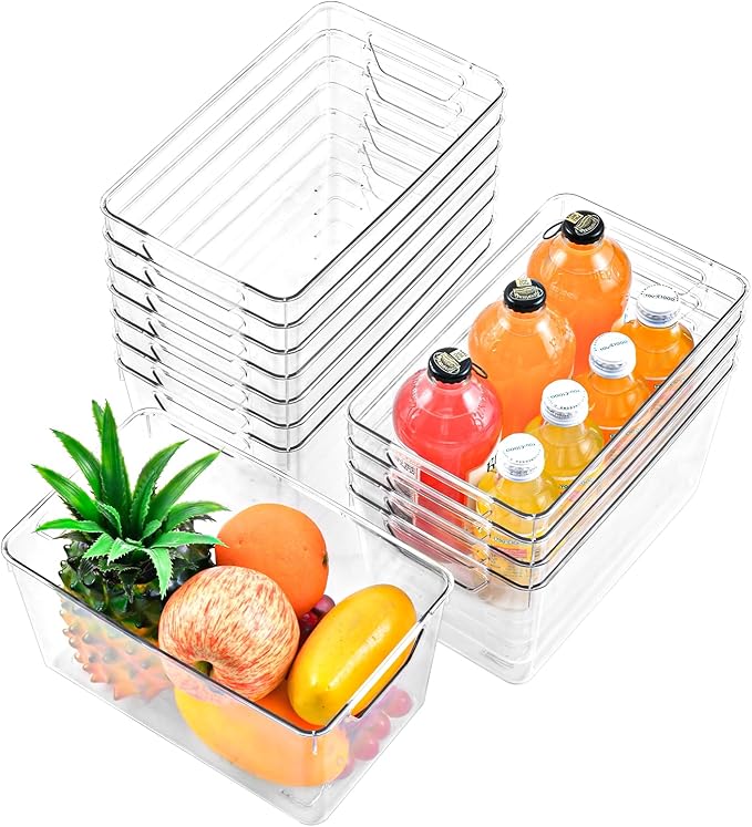12 Pack Middle Organizers and Storage, Pantry Organization and Storage Bins, Cabinet Organizer, Clear Plastic Storage Containers with Handle,Acrylic Storage Bins for Cabinet, Fridge