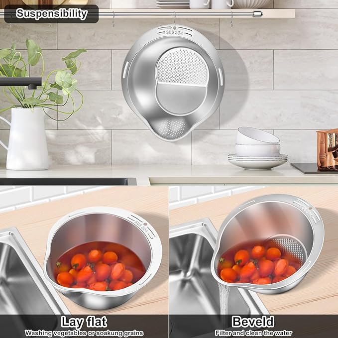 KesaPlan Rice Washer Strainer Bowl, 4-in-1 Washer Bowl Stainless Steel Rice Rinser Strainer Sink Colanders With Side Drainers for Cleaning Fruits, Vegetables, and Beans, Versatile Kitchen Tool