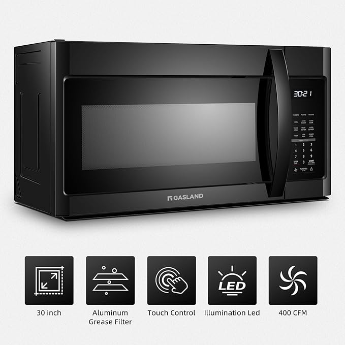 GASLAND Over the Stove Microwave 30 Inch, 1.9 Cu.ft. Over the Range Microwave with 11 Power Levels, One Touch Cooking, 400 CFM,1000W, LED, Turntable, Sensor Cook, Over Stove Microwave Oven, Black