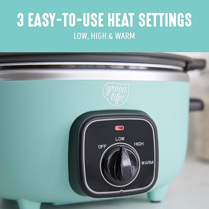 GreenLife 3.5QT Slow Cooker, Non-Toxic PFAS-Free Ceramic Nonstick Removable Interior Bowl, Programmable, Keep Warm, Stovetop & Oven Safe, Dishwasher Safe Parts, Glass Lid, Turquoise