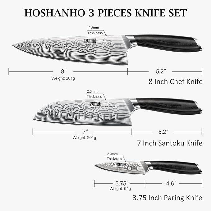 3 Pieces Knife Set, Professional High Carbon Powder Steel Kitchen Knife Set, Ultra Sharp Knives Set for Kitchen with Elegant Gift Box