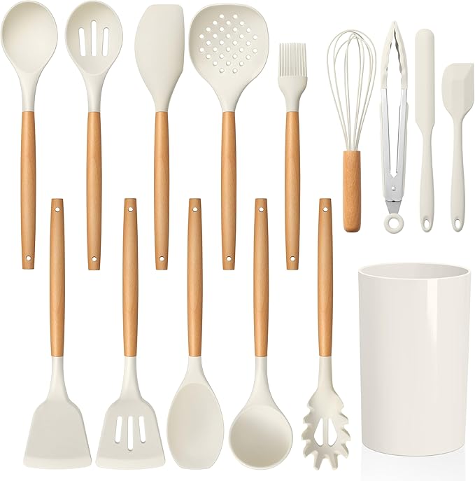 LIANYU 15 PCS Silicone Kitchen Utensils Set with Holder, Cooking Utensils set for Nonstick Cookware, Heat Resistant & Non Toxic Spatula Ladle Tong, White