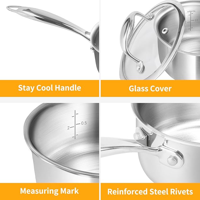 Macevia Sauce Pan with Glass Lid, 18/10 Stainless Steel Pot with Stay-Cool Handle, For All Stoves Multipurpose Use for Home Kitchen or Restaurant(1 Quart)- Silver
