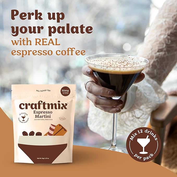 Craftmix Espresso Martini, Makes 24 Drinks, Skinny Cocktail Mixers - Mocktail Drink Mixers - Martini Mix With Real Coffee - Vegan Low-Carb, Low-Sugar, Non-GMO, Dairy Free, Gluten Free, Easy to Mix