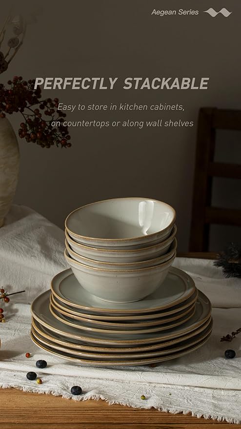 Famiware Aegean Dinnerware Set for 6, 18-Piece Plates and Bowls Sets, Stoneware Scratch Resistant Dinner Set, Handmade Irregular Round Dishes, Microwave and Dishwasher Safe, Cappuccino White