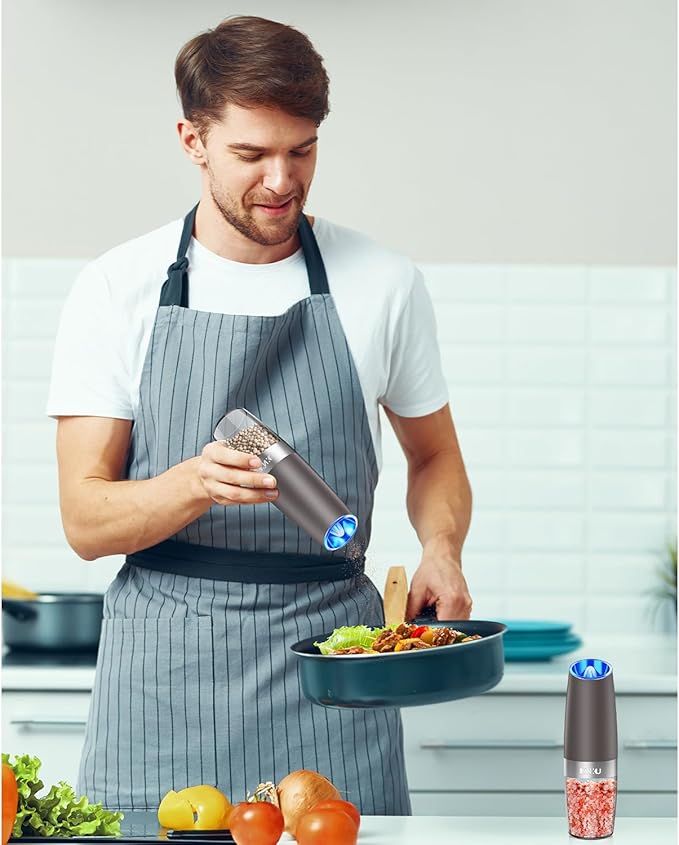 XinXu Gravity Electric Salt and Pepper Grinder Set, Automatic Mill Grinder Shaker,Battery-Operated, Adjustable Coarseness, Stainless Stee, LED Light, One Hand Operated,Brown