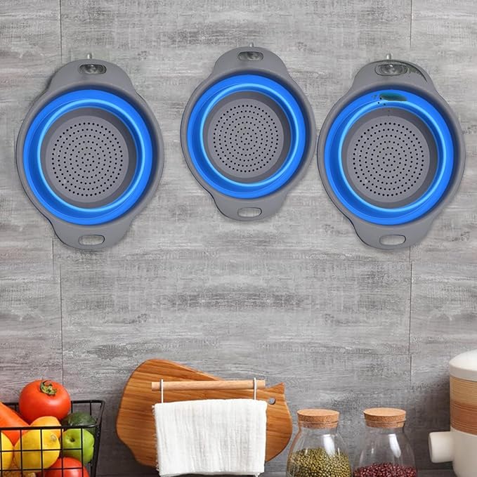 Collapsible Colander, Set of 2 PCS Collapsible Strainer, Space-Saving Kitchen, Food-Grade Silicone Folding Strainer Colander with Handle (Blue)