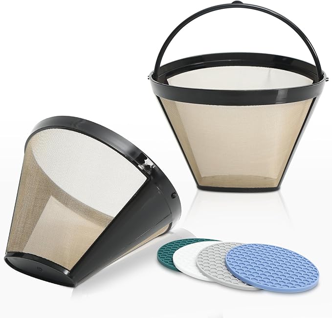 2pcs Reusable Cone Coffee Filters for Cuisinart Coffee Makers+ 4 Silicone Coasters,Compatible Ninja coffee filter, 10-12 Cup, #4 Style Gold coffee filter basket