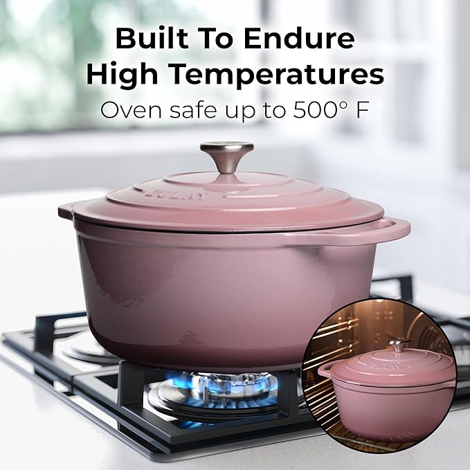 Zulay Kitchen 5 Quart Enameled Cast Iron Dutch Oven with Lid,Silicone Trivet & Heat Pad – Premium Durability & Oven Safe up to 500°F – Heavy Duty Cookware Perfect for Bread Baking, Stews, Braising & Roasting – Pink