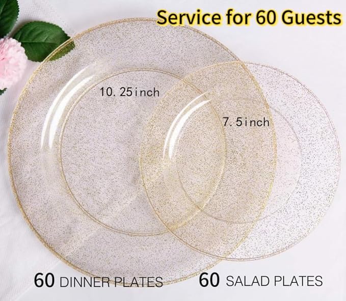 WDF 120PCS Gold Plastic Plates- Disposable Gold Glitter Plates, Premium Heavy Duty 60-10.25" Dinner Plate and 60-7.5" Salad Plate for Thanksgiving Parties &Wedding