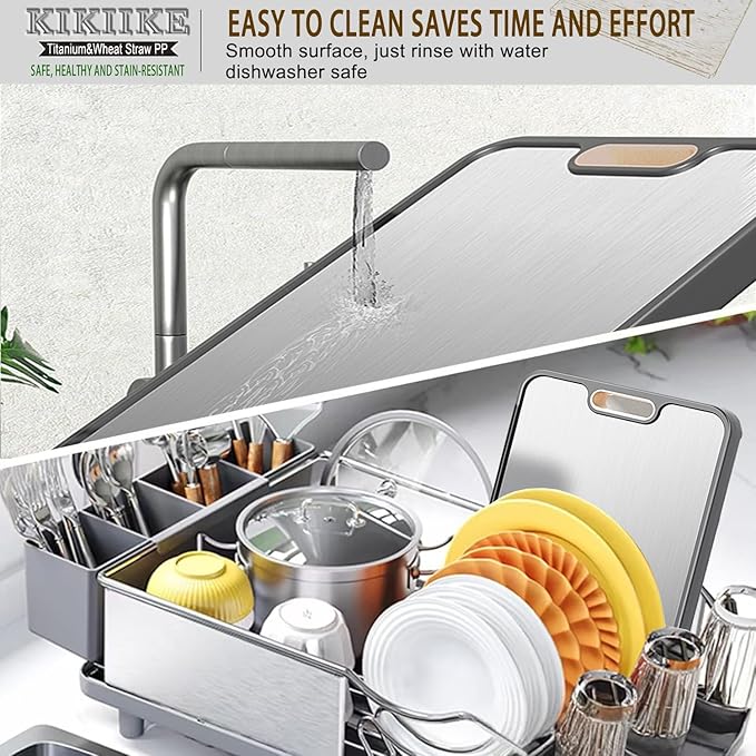 Titanium Cutting Board Double Sided Pure Titanium Cutting Boards for Kitchen, Pure titanium & Wheat Straw PP Food Grade metal cutting board, Non-slip durable and easy to clean (Large)