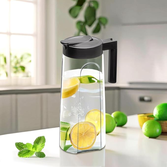 Amazing Abby - Slim - Tritan Pitcher (64 oz), Unbreakable Plastic Water Pitcher with Lid, BPA-Free, Heat-Resistant, Dishwasher-Safe, Great for Both Iced and Hot Drinks, Indoors and Outdoors, Black