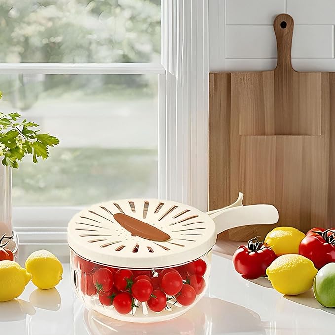 2 Pcs Multipurpose Drain Basket with Lid & Foldable Handle,2 in 1 Draining and Preservation Basket,Fruit Strainer Container with Lid for Fridge Freshness,Outdoor Picnics(1QT+1QT)