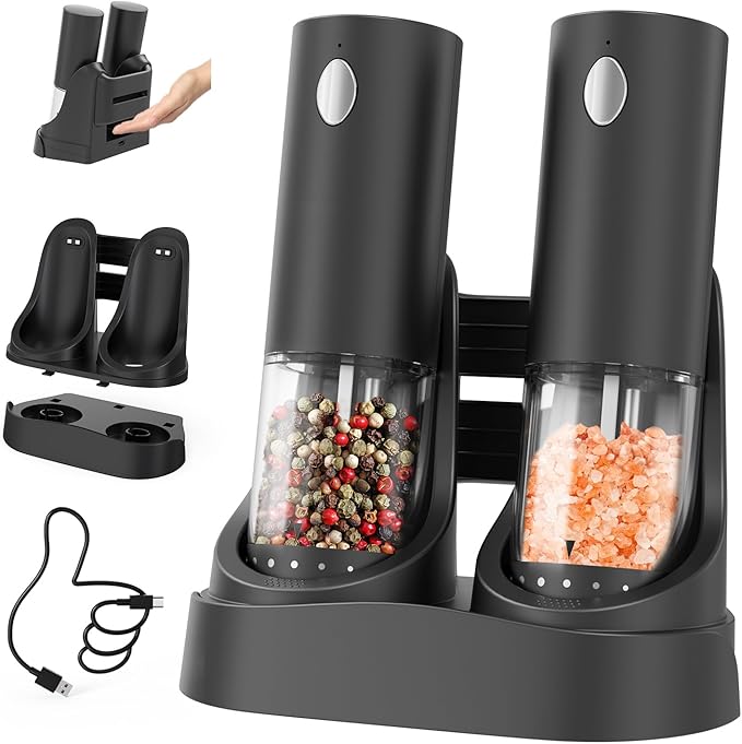 CIRCLE JOY Electric Salt and Pepper Grinder Set Automatic Salt and Pepper Grinder Set with Easy-to-Carry Charging Base and LED Light, Adjustable Coarseness, USB Rechargeable, Washable Container, Black