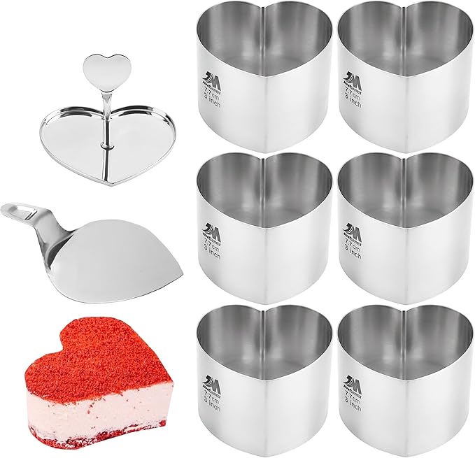 6 Pack Heart-Shaped Cake Ring Molds, Seamless Stainless Steel Cake Cutter with Pusher & Lifter, 3-Inch Dessert Mousse Rings for Baking (Includes 1 Pusher, 1 Lifter and 6 Rings)